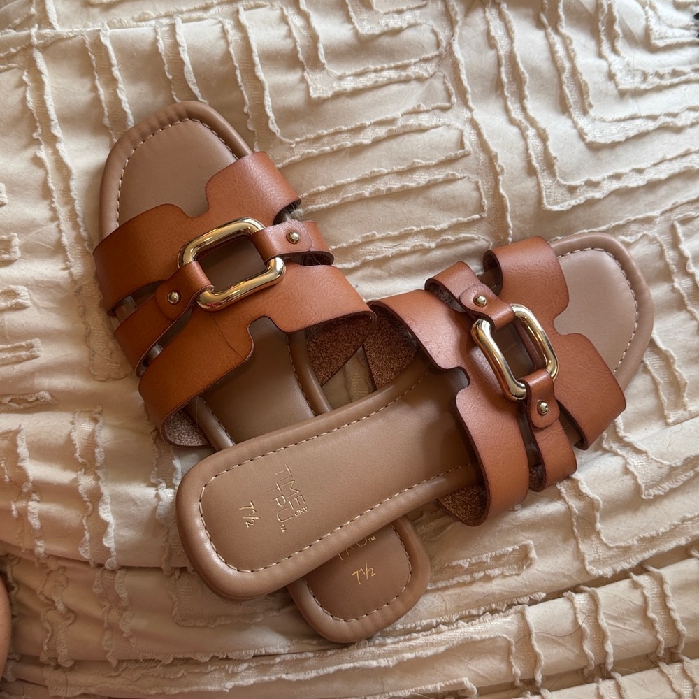 Time and Tru Brown Sandals with Gold Buckle